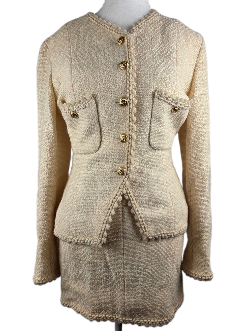 Chanel 1990 Cream Tweed Bouclé Jacket & Skirt Suit Ensemble